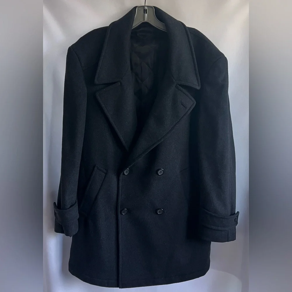 Club Uomo Mens Double Breasted Quilted Lining Wool Blend Peacoat Black Size‎ 42R